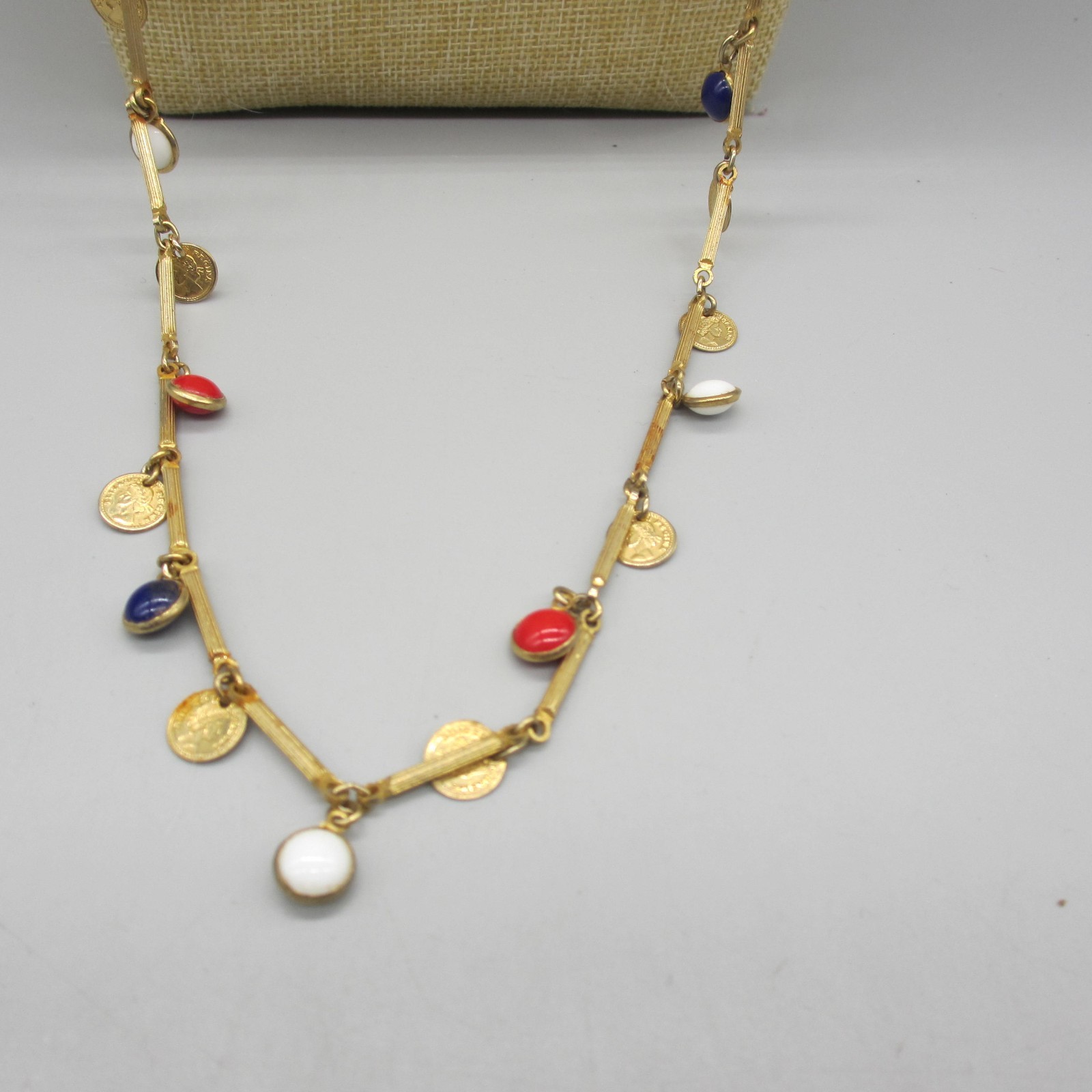 Vintage Open Bezel Necklace Faux Coin Station Gold Tone Red White Blue Rope 46″
