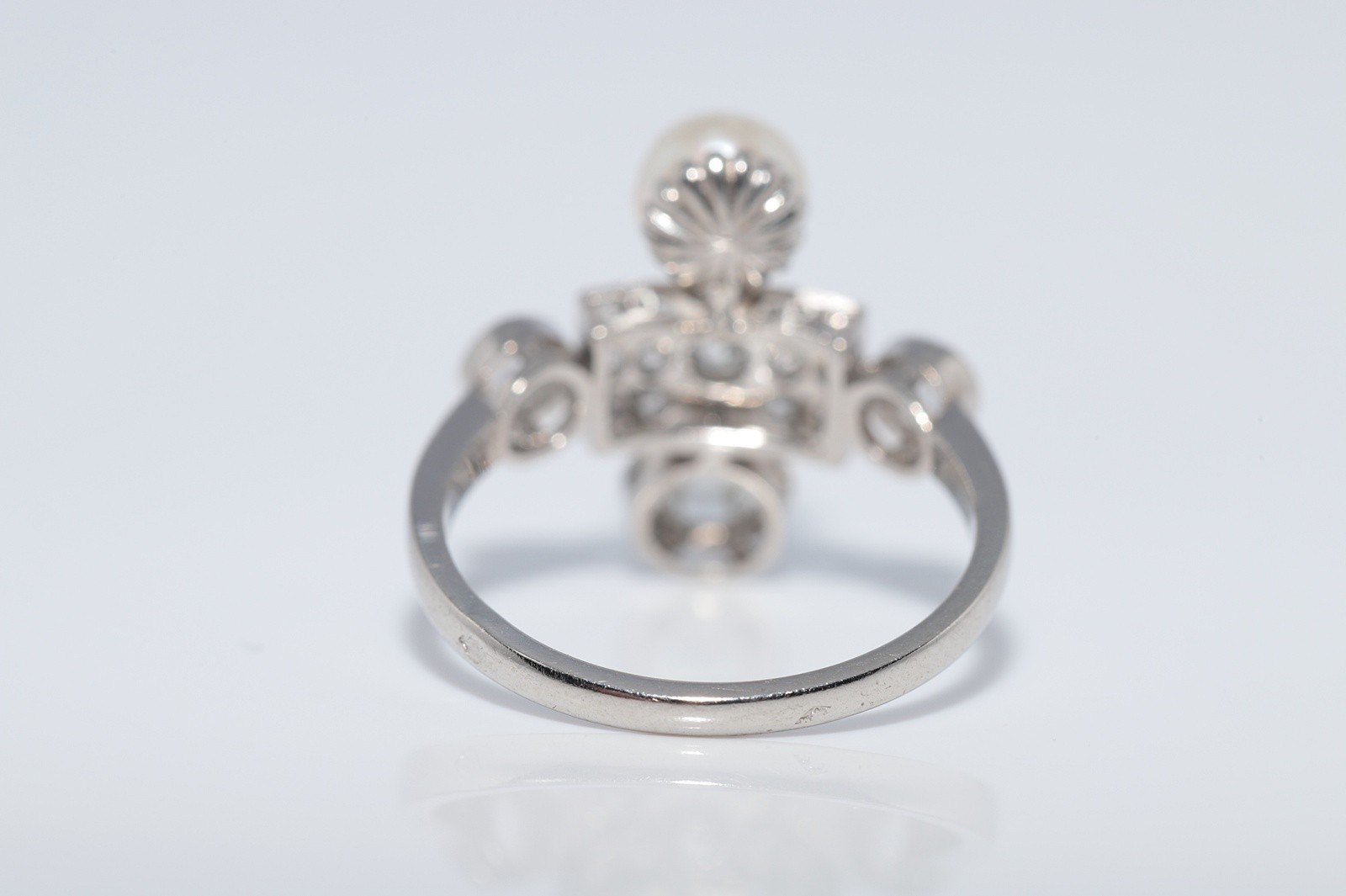 Antique Circa 1920s Platinum Art Deco Natural Diamond And Pearl Decorated Ring