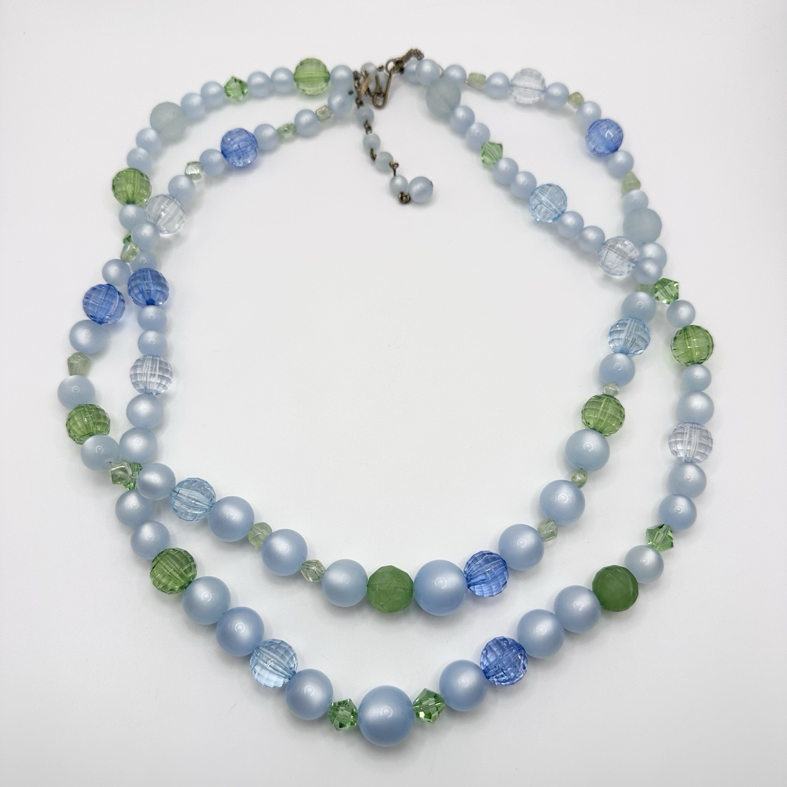 Vintage Moon Glow Blue Green Necklace Layered Lucite Acrylic Glass Beads 21-24”