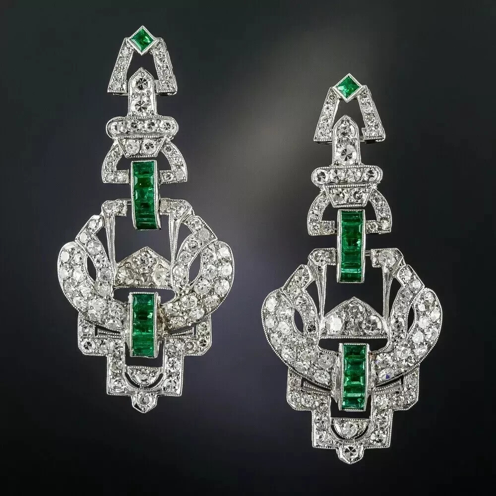 Art Deco Style Lab Created Diamond & Emerald Wedding 14K White Gold FN Earrings