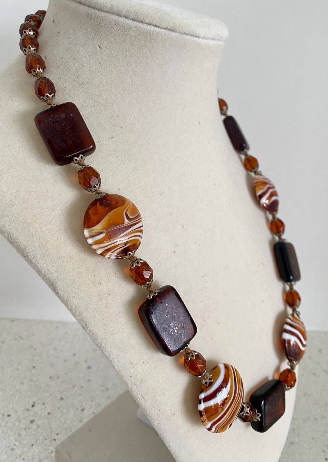 Vintage Murano Style Glass Necklace Glass Beaded Statement Brown Signed RS 19″