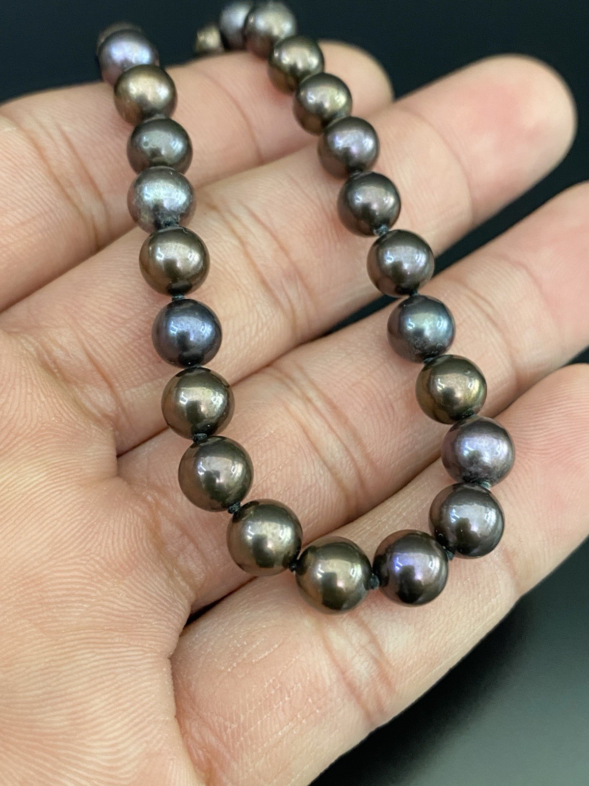 14K White Gold Fish Hook Clasp 6mm Hand Knotted Round Tahitian Pearl Necklace
