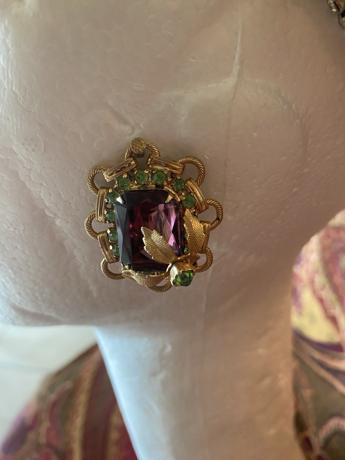 Vintage Gold Tone Necklace And Clip Earrings Purple & Lime Green Stones