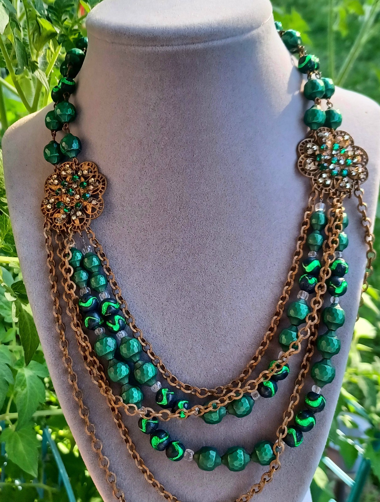 Vintage Hobe Green Glass Foil Bead Brass Swag Bib Necklace