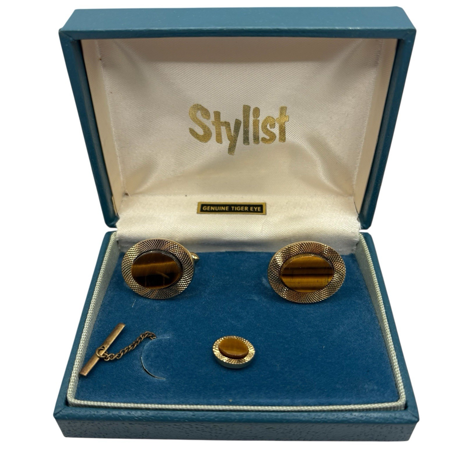 La Mode Genuine Tiger’s Eye Cuff Links & Tie Clip Set In Box Gold Tone Vintage