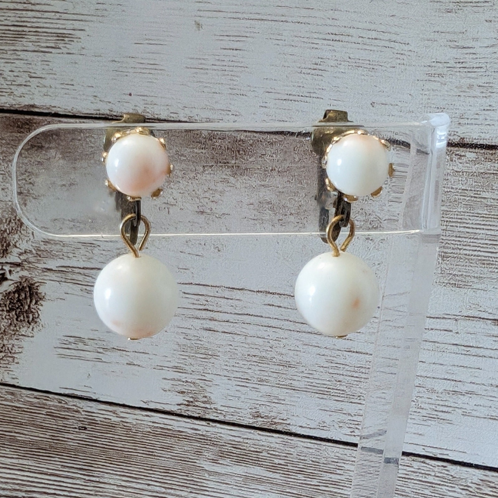 Vintage Clip On Earrings Ball Duo Dangle Off White with Pink Hues