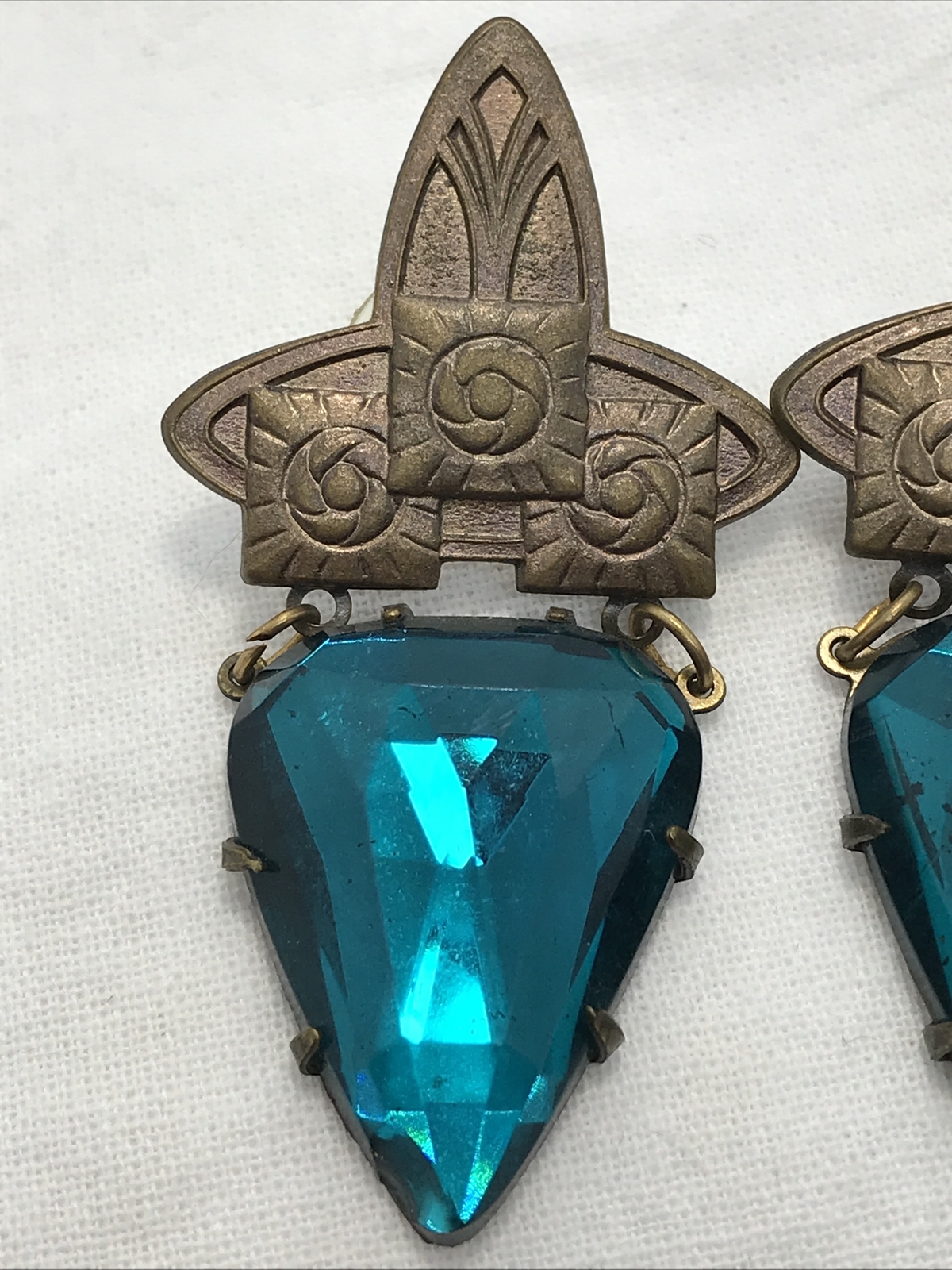 Vintage Glass Works Studio Teal Color Glass & Brass tone Pierced Earrings