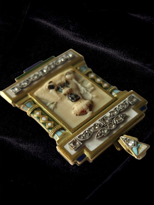 Antique 18K Gold Black Madonna Pendant Rose Cut Diamond Enamel Religious c1900