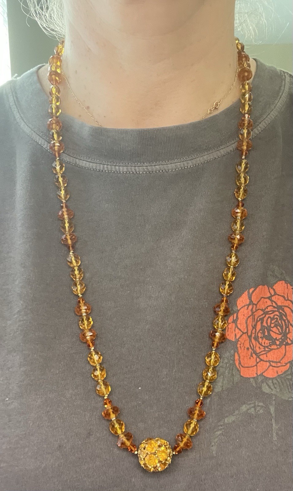 Vintage Miriam Haskell Beaded GoldTone Rhinestone Ball Pendant 30” Necklace
