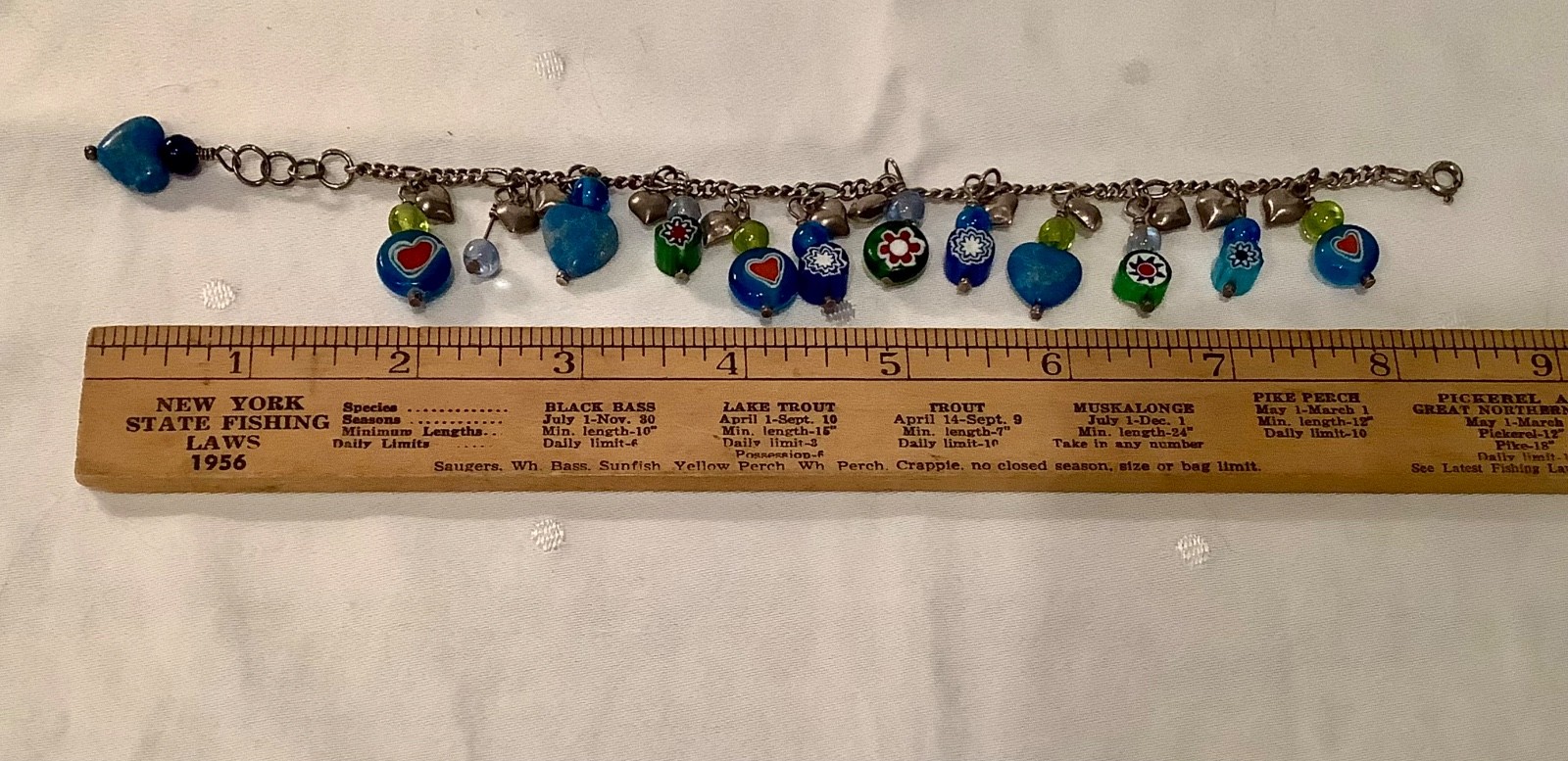 Vintage Sterling Charm Bracelet Puffed Hearts Millefiori Glass Hearts & Flowers