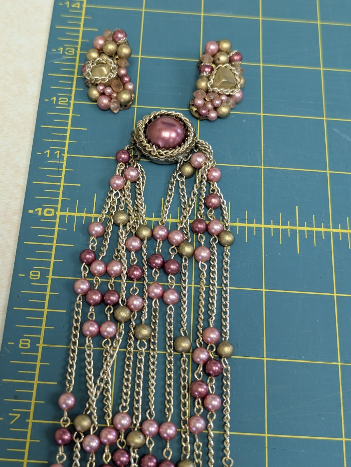 Made in Japan Vintage Jewelry Set Pink & Pearl & Gold Necklace & Earrings