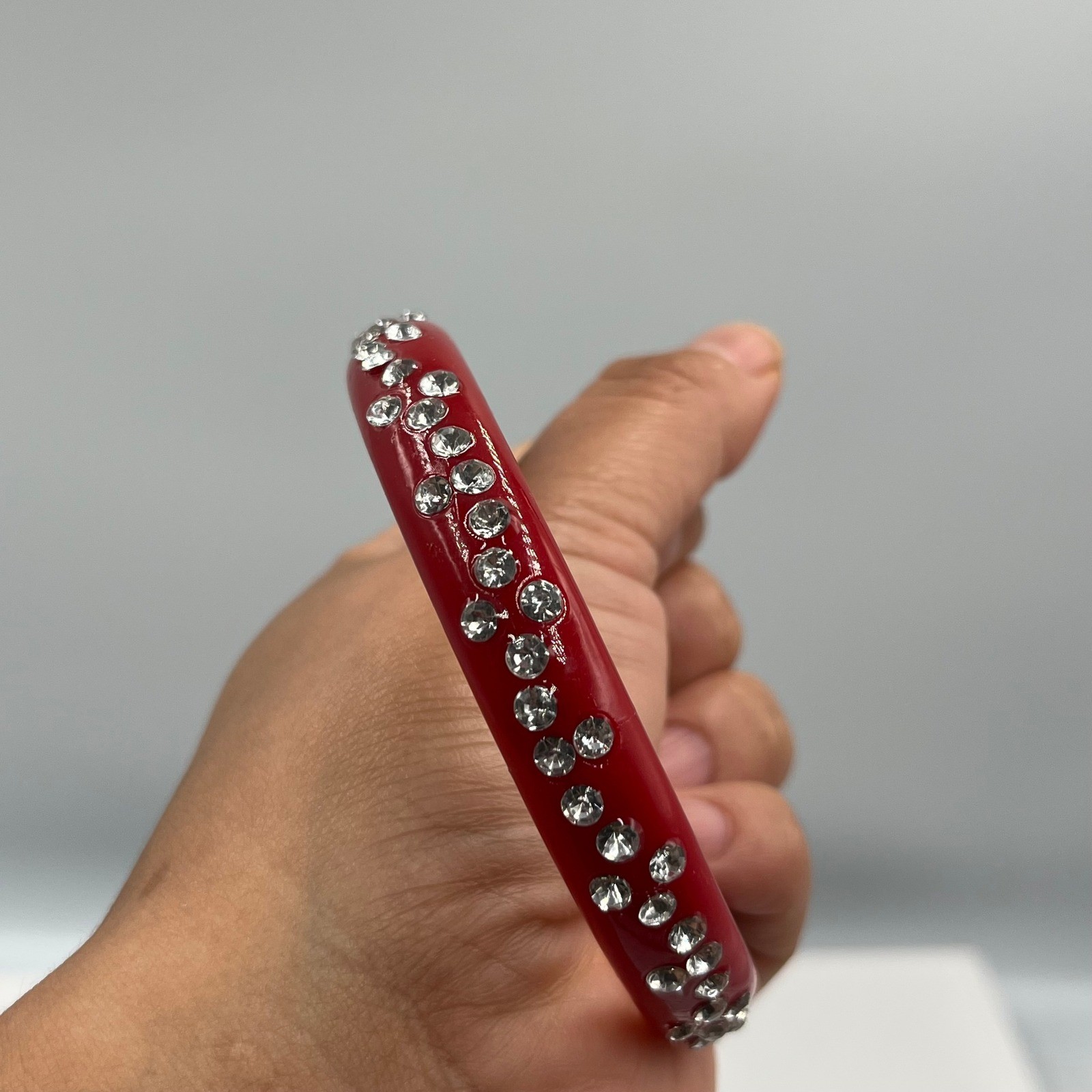 Vintage Red Lucite Style Rhinestone Bangle Bracelet Curved Accent Statement