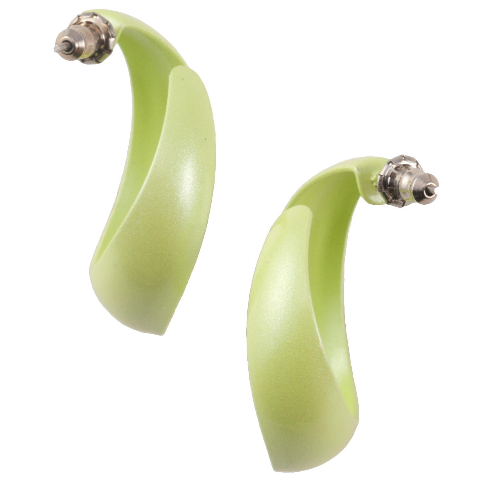 Pastel Lime Green Enamel Curved Hoop Pierced Earrings 1″ 1980s Retro