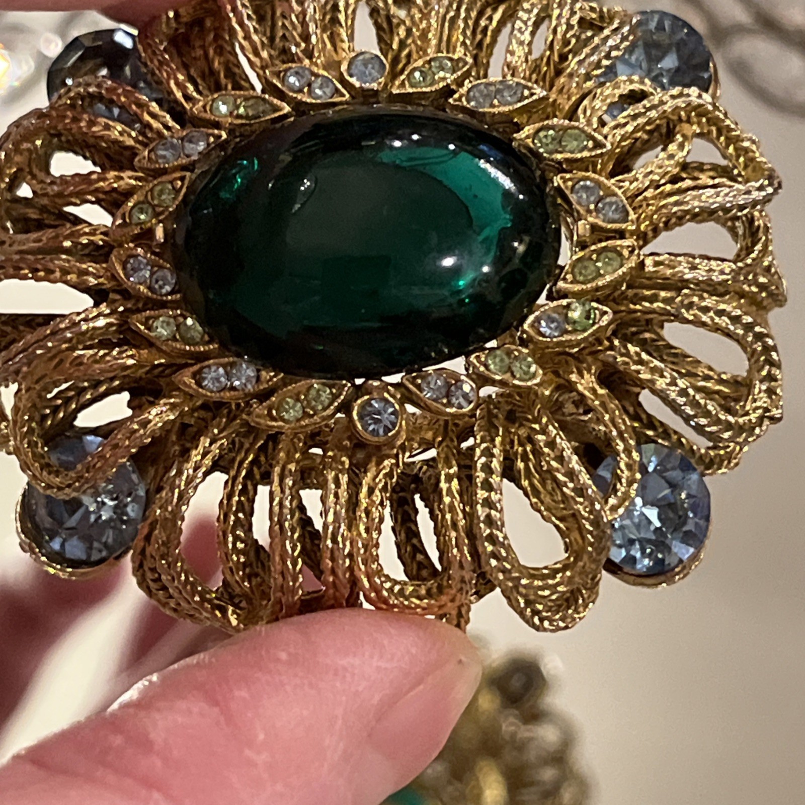 Vintage Capri Green Gripoix Glass Cabochon Blue Green Rhinestone Ornate Brooch