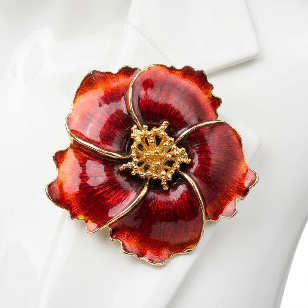 Vintage Red Enamel & Gold Tone Poppy Flower Brooch Pin
