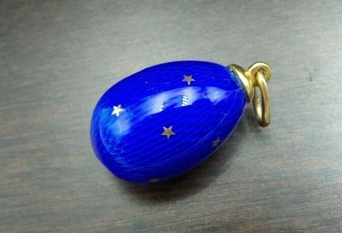 Soviet Era Russian 960 Silver & 18K Gold Blue Guilloche Enamel Egg Pendant
