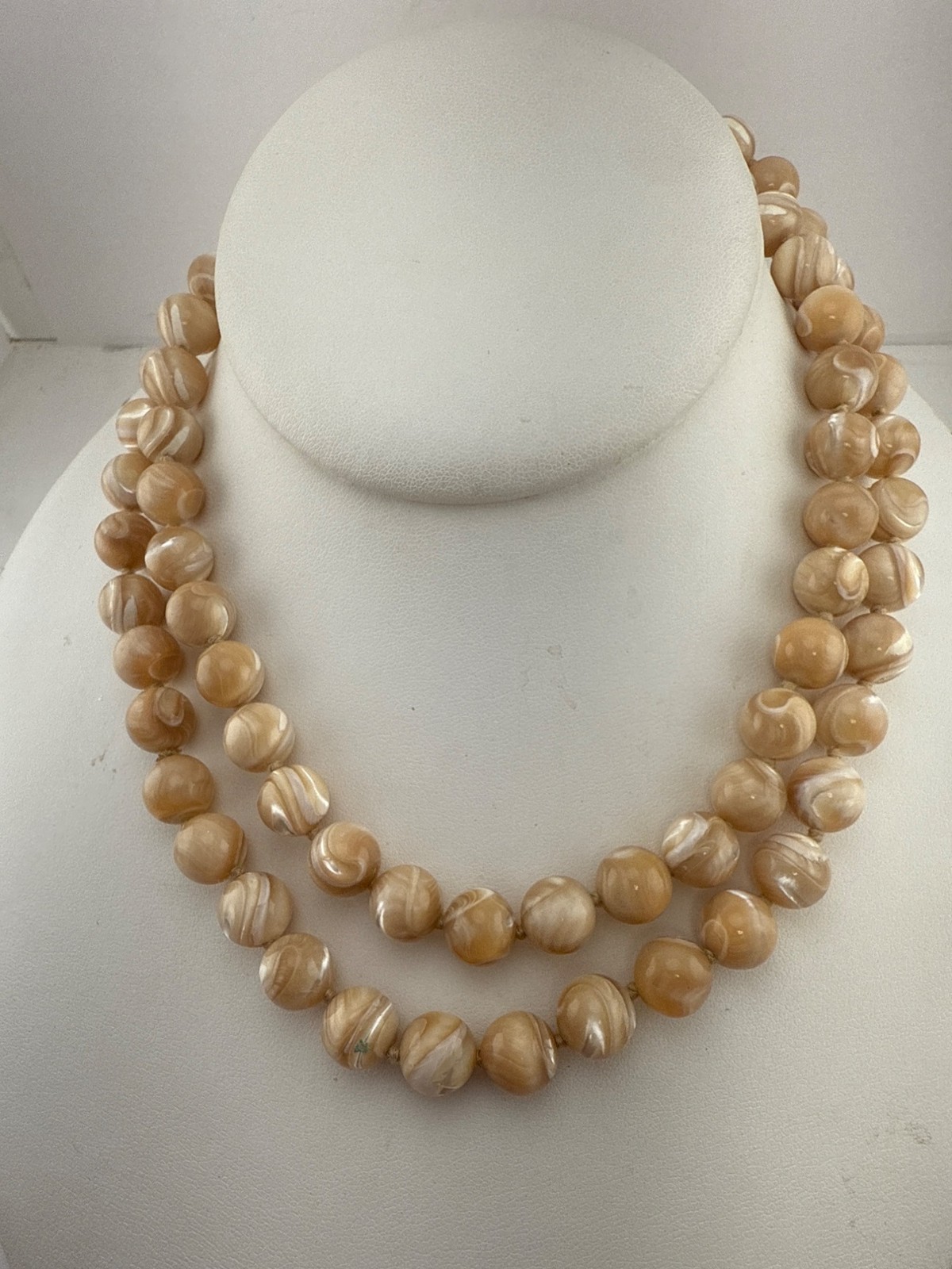 Vintage Beige Swirl Bead Necklace Double Strand Retro Costume Jewelry