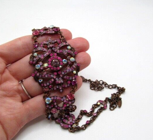 Vintage VCLM Stunning Sparkling Pink Magenta Crystal Crest Link Choker Necklace