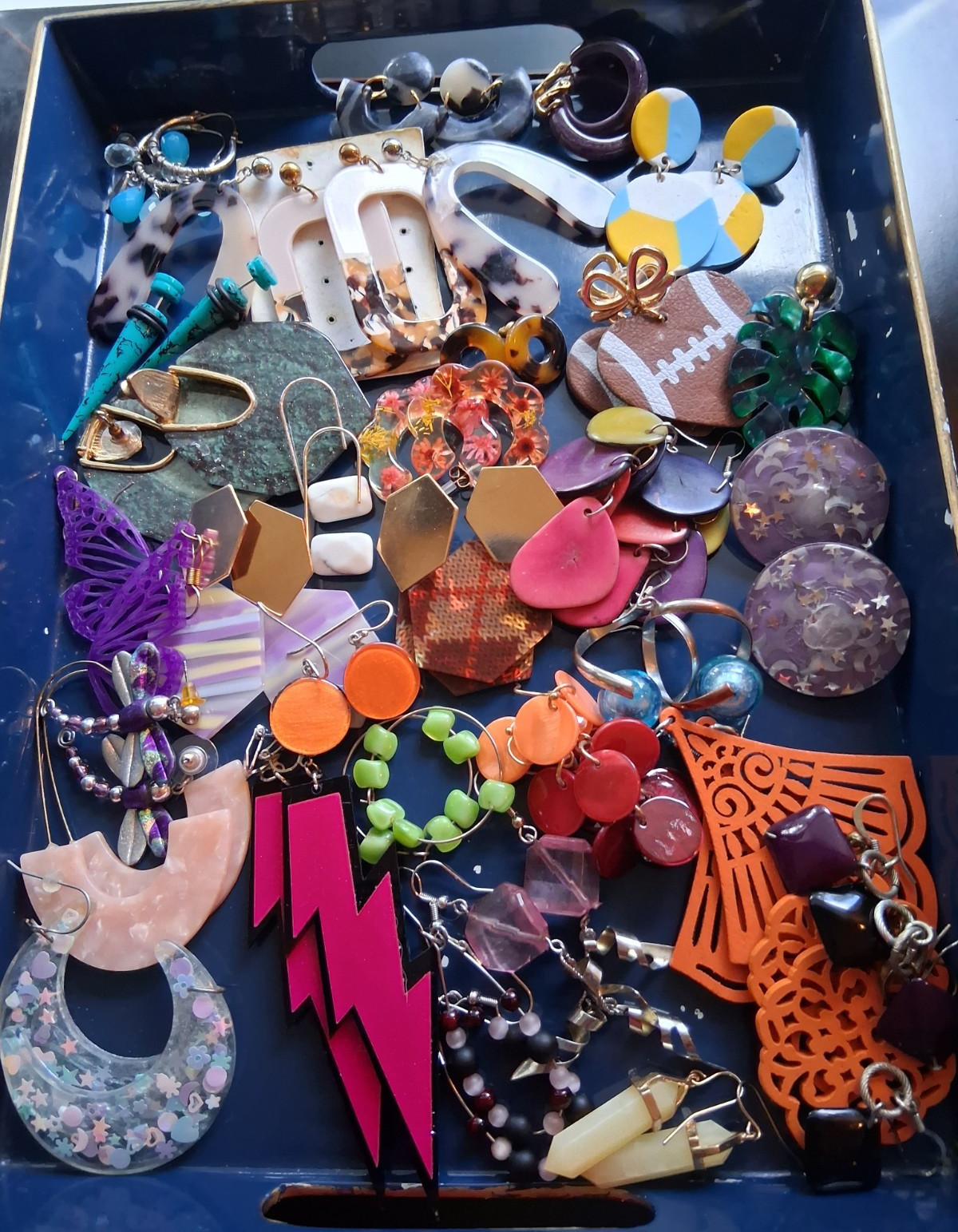 30 + Colorful Glitter Lucite, Acrylics, painted metals, and wood relief earring