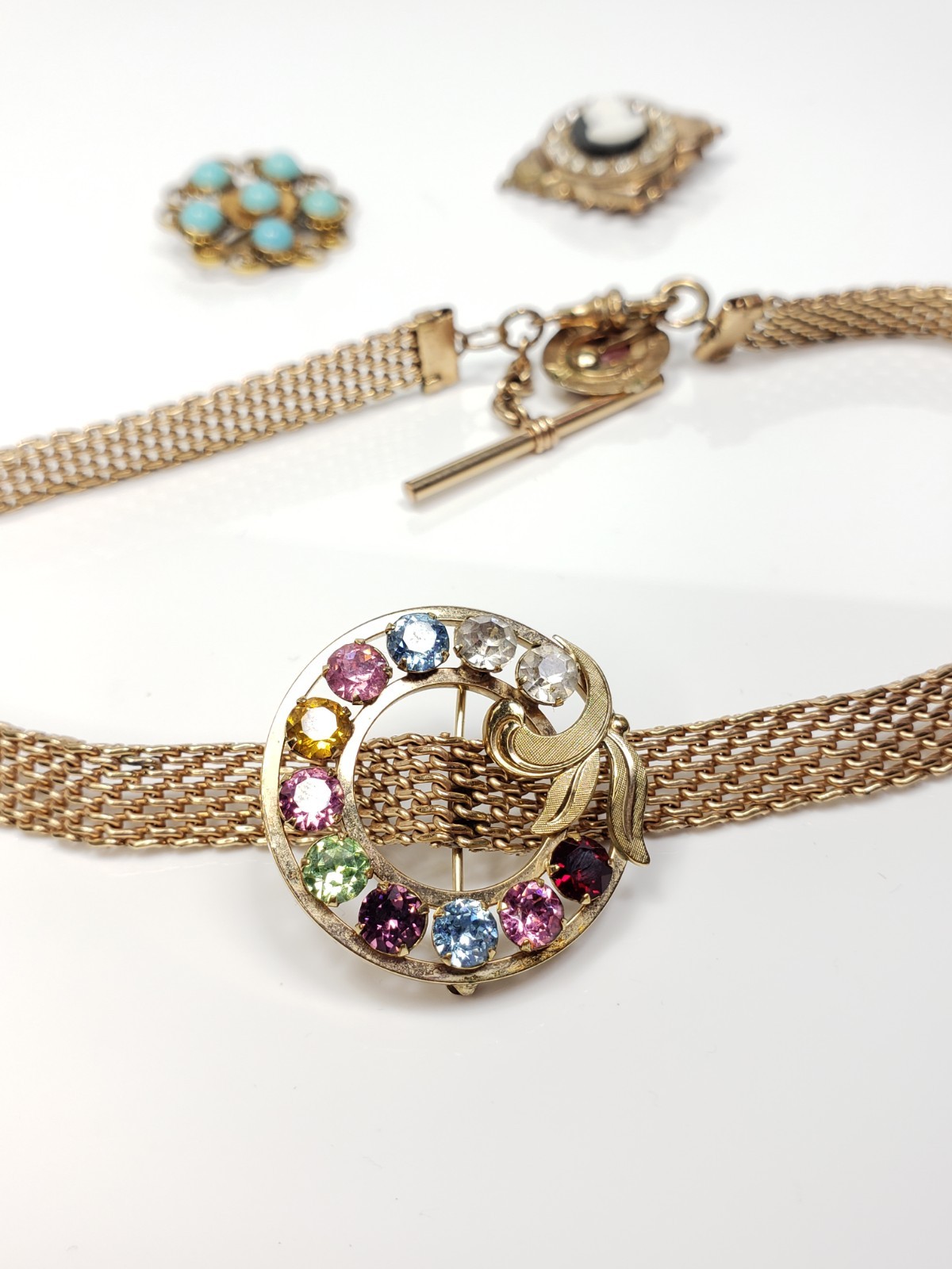 Antique Victorian Gold Filled Choker Watch Mesh Chain Necklace Bracelet Pin Lot
