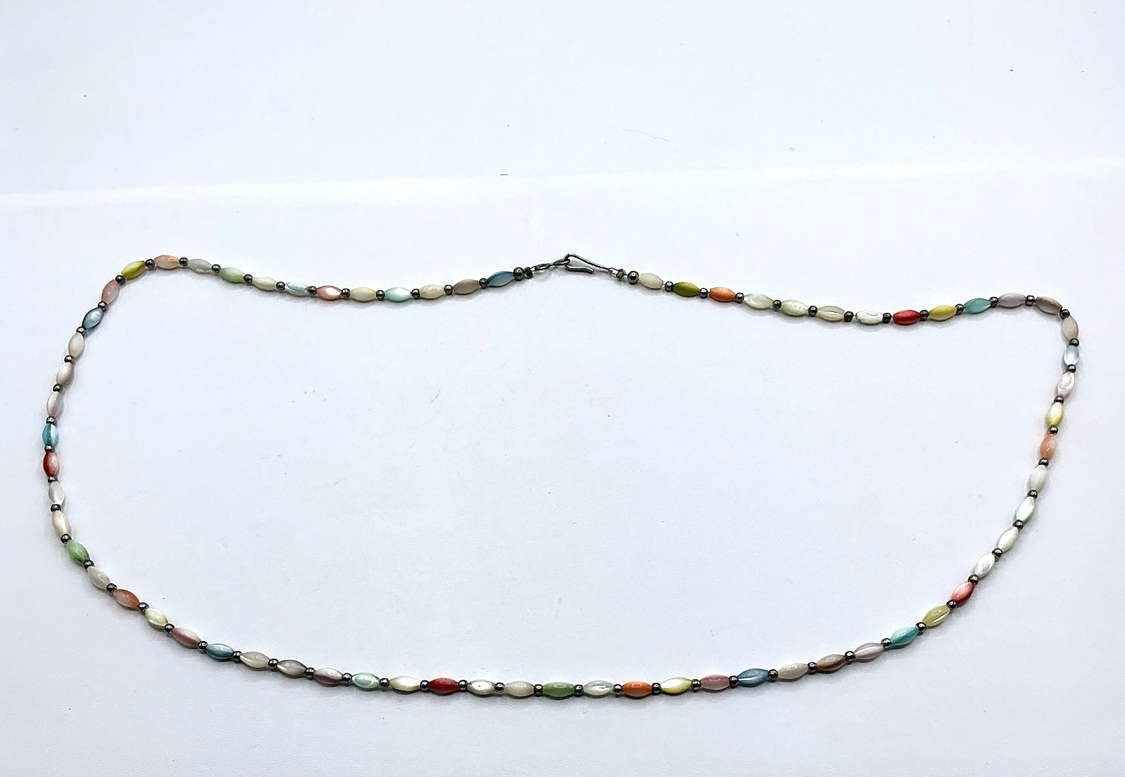 Vintage Multicolor Pastel Thin Bead 26″ Necklace Hook Clasp Blue Pink Yellow