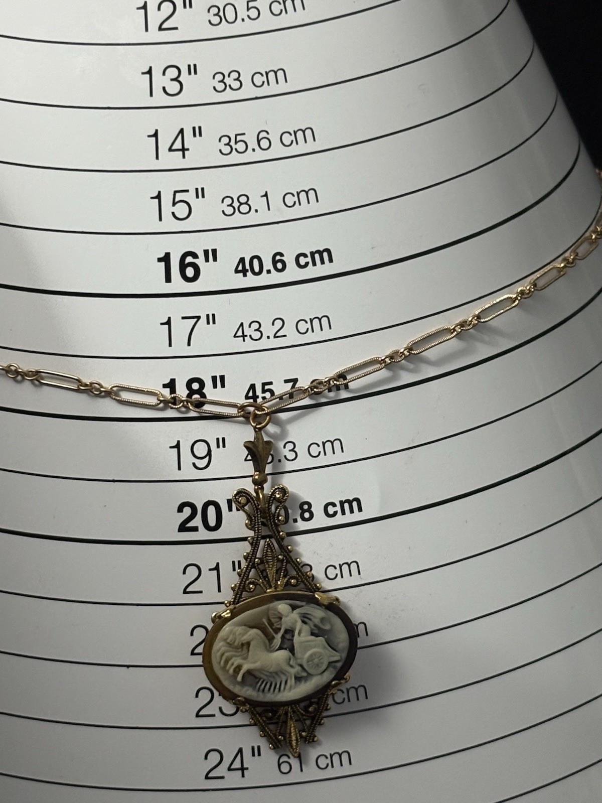 victorian Revival Cameo Pendant Necklace Gold Tone equestrian Horse Chariot 19”