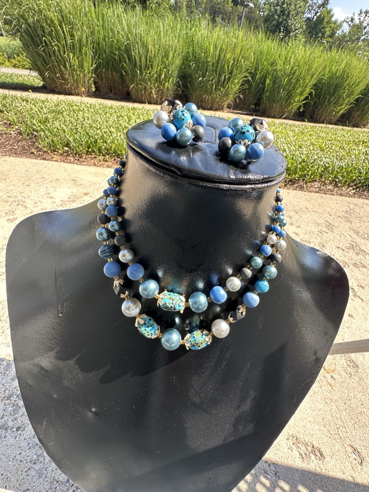 Vintage Japan Beaded Necklace and Clip On Earrings Set -8 inch-16inch