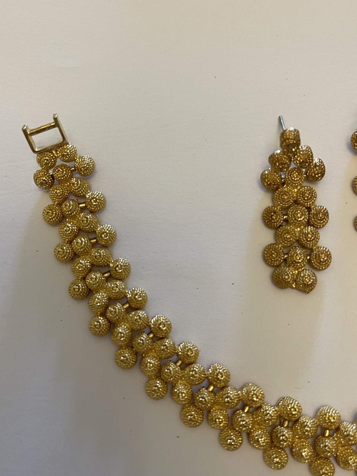 Vintage Goldtone Granulated 1/2” Wide 8” Long Bracelet & Match Drop Earrings 1.5