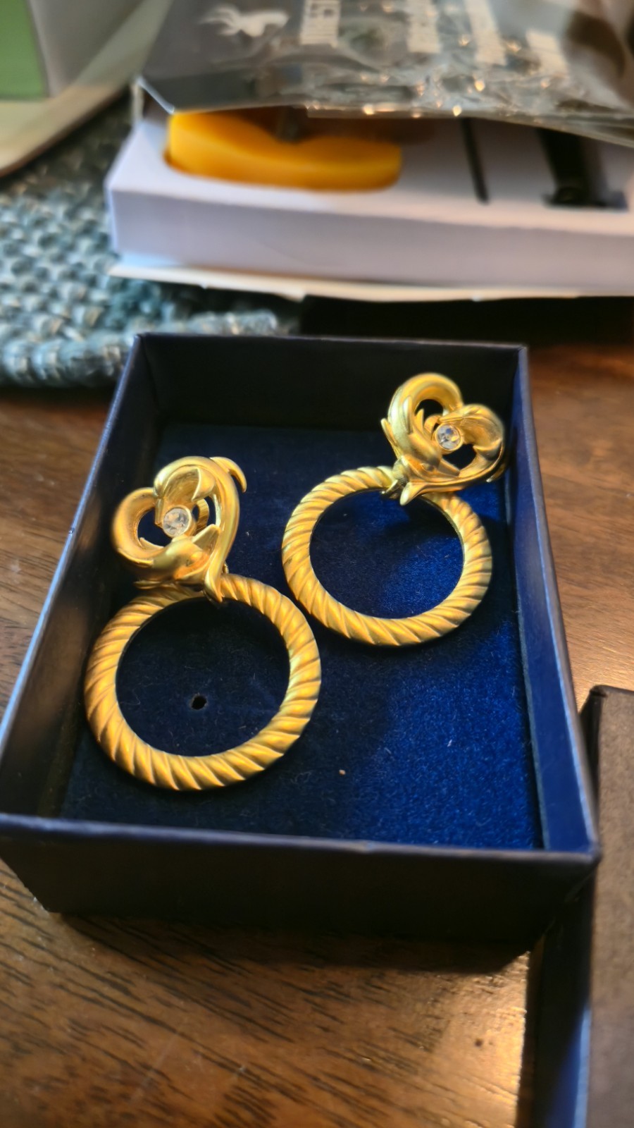 Luminess Princess House Door Knocker Earrings Gold Dolphin Heart Crystal Vintage