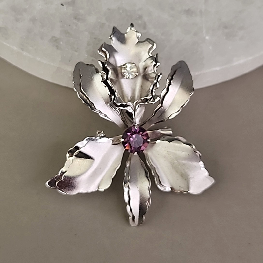 Vintage Flower Brooch Orchid Purple Rhinestone Silver Tone 2″