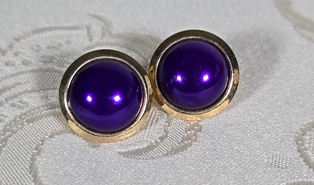 2 Pair Pierced Earrings purple gold & green white domed button plastic