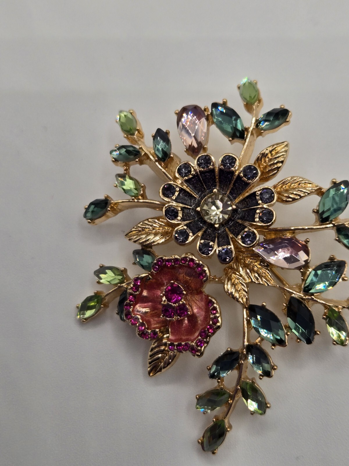 Napier Flower Brooch Gold Tone Enamel Green White Pink Purple Stones