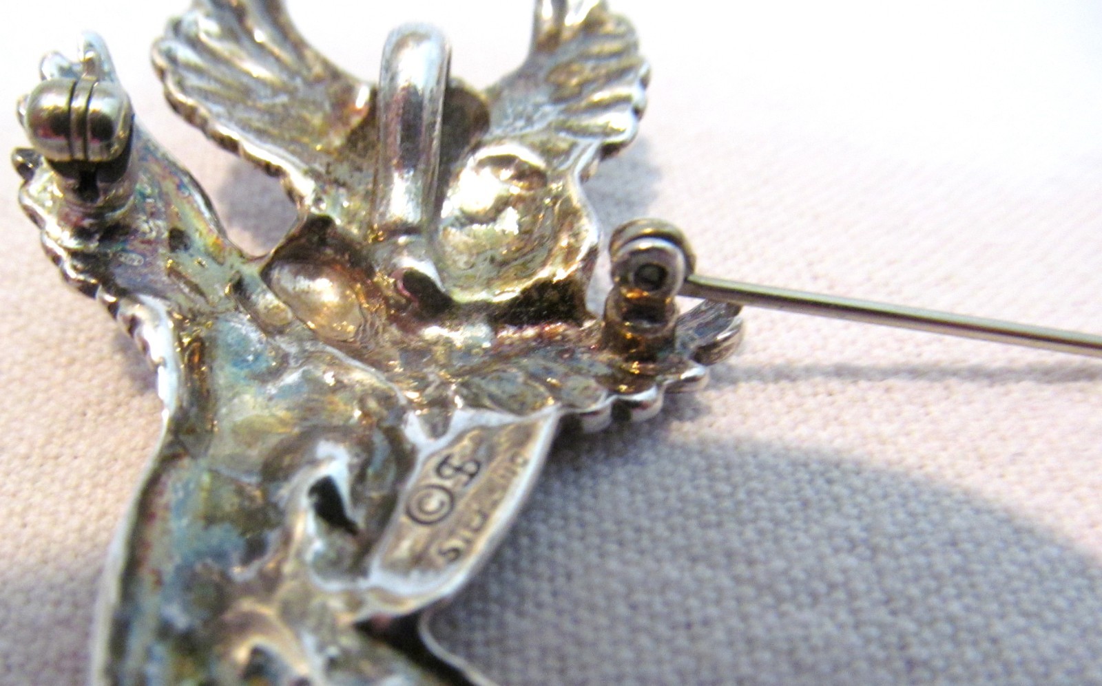 Vintage Shube Dimensional Angels Solid Sterling Silver Pendant Pin Brooch 2″long