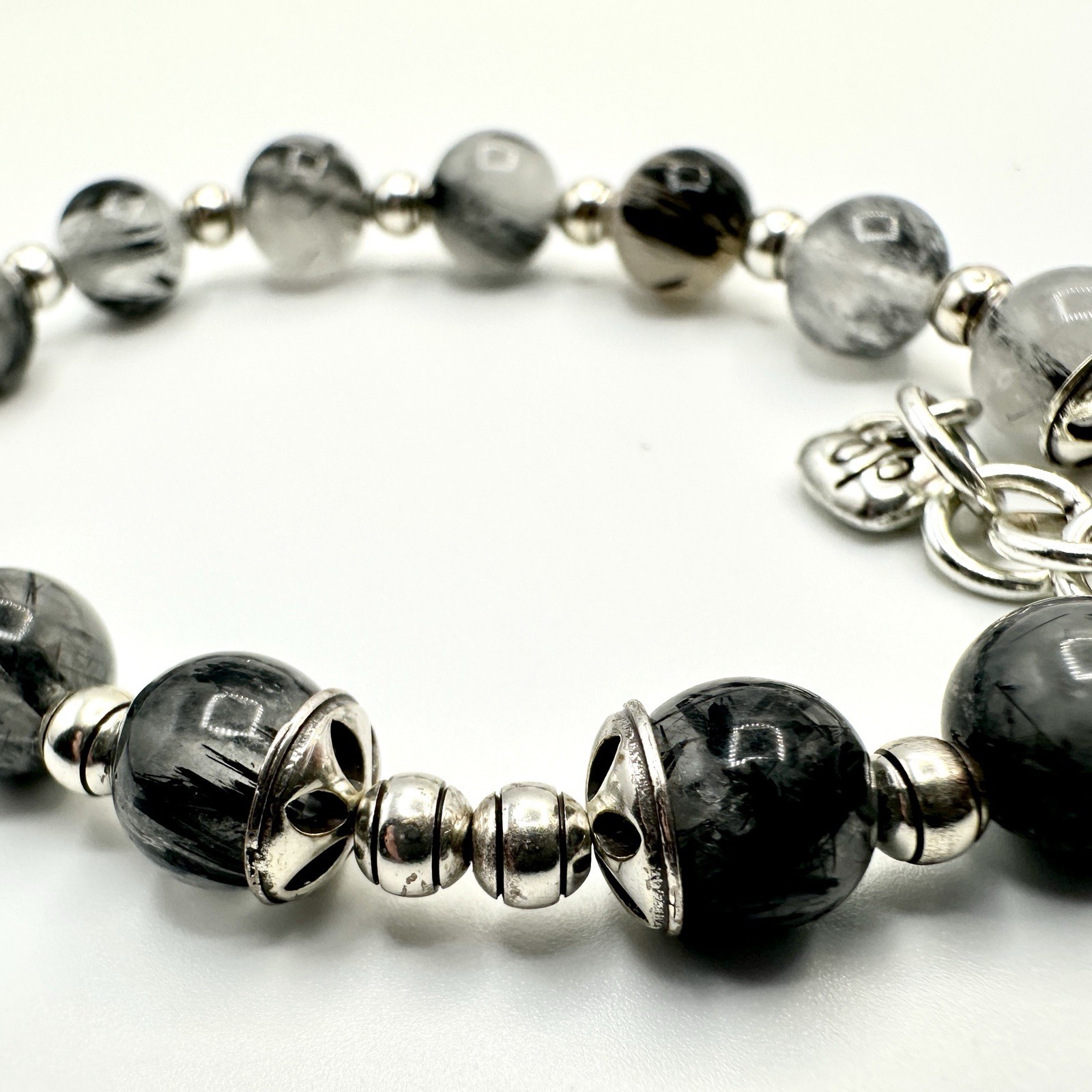 Vintage BRIGHTON Black Rutilated Quartz Beaded Bracelet Gray Marbled Silver Tone