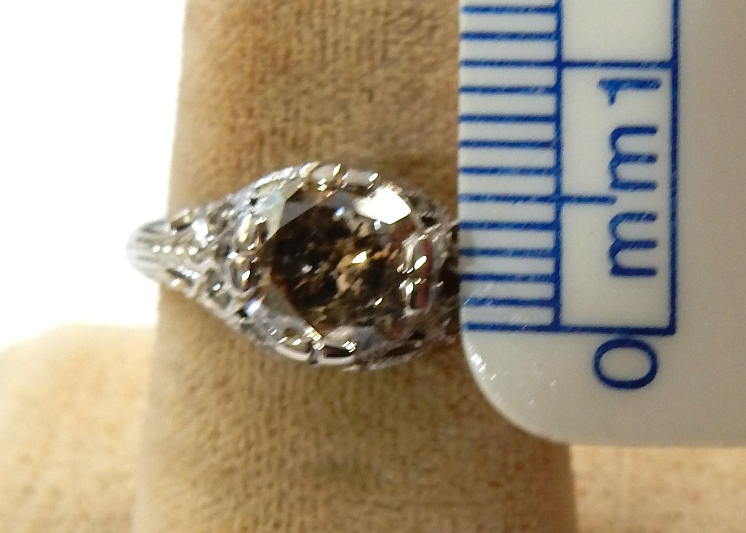 14K White Gold Filigree Ring 1.25Ct 7mm Round Champagne Diamond Solitaire