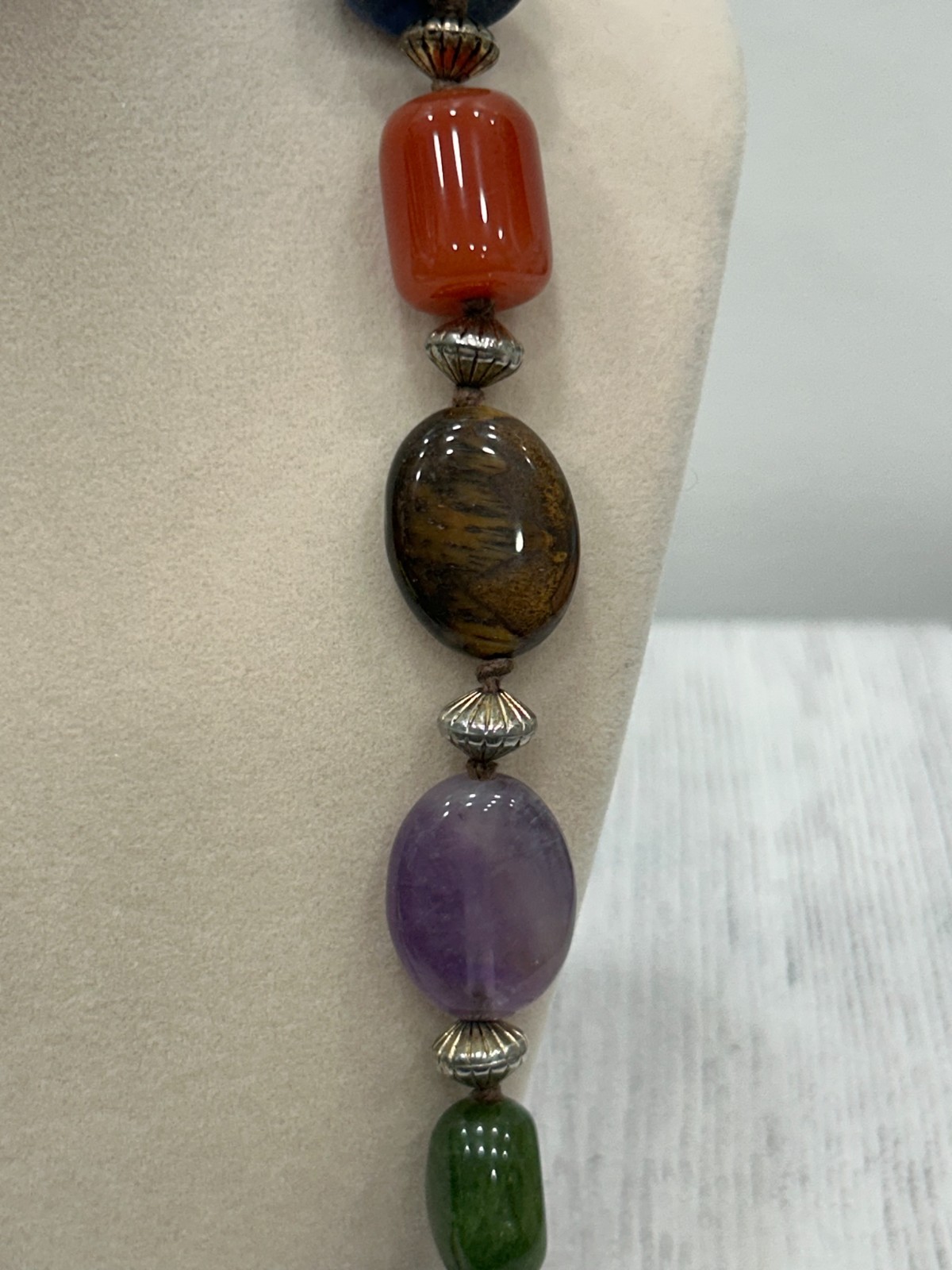 Artisan Multi-Gemstone Necklace Amethyst Lapis Tiger’s Eye Carnelian Jade 18″
