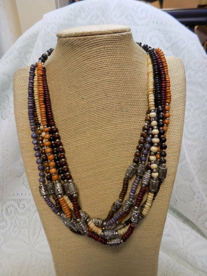 VINTAGE NECKLACE~MULTI STRAND~WOOD/METAL~EARTHTONES~21″