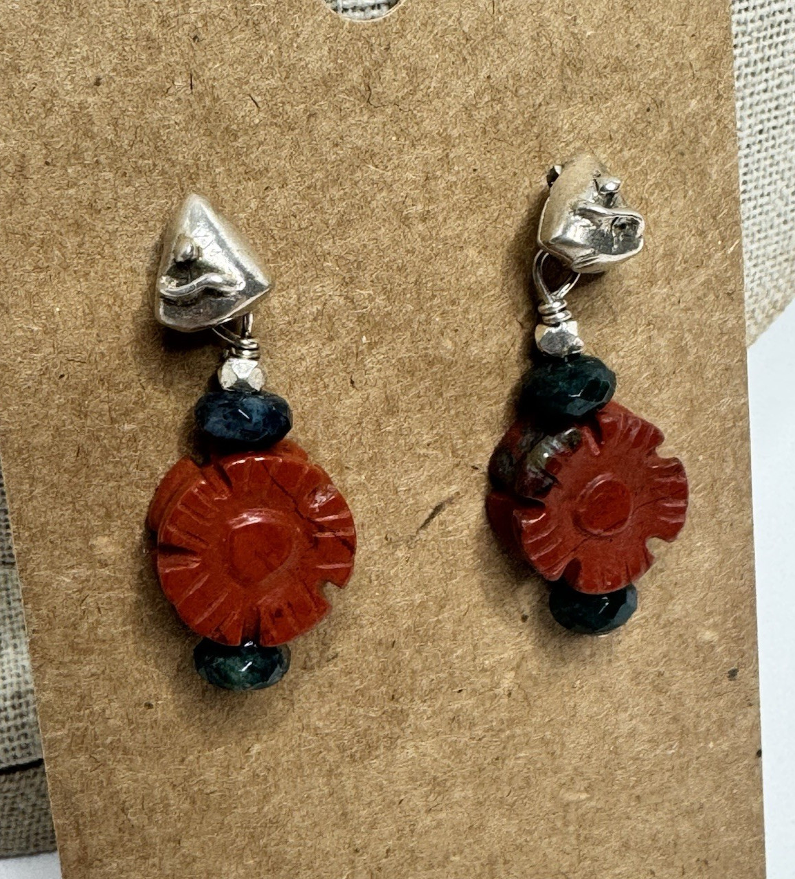 Pair Carved Carnelian (?) Flower Beaded Earrings Pierced Post dangle / drop Boho