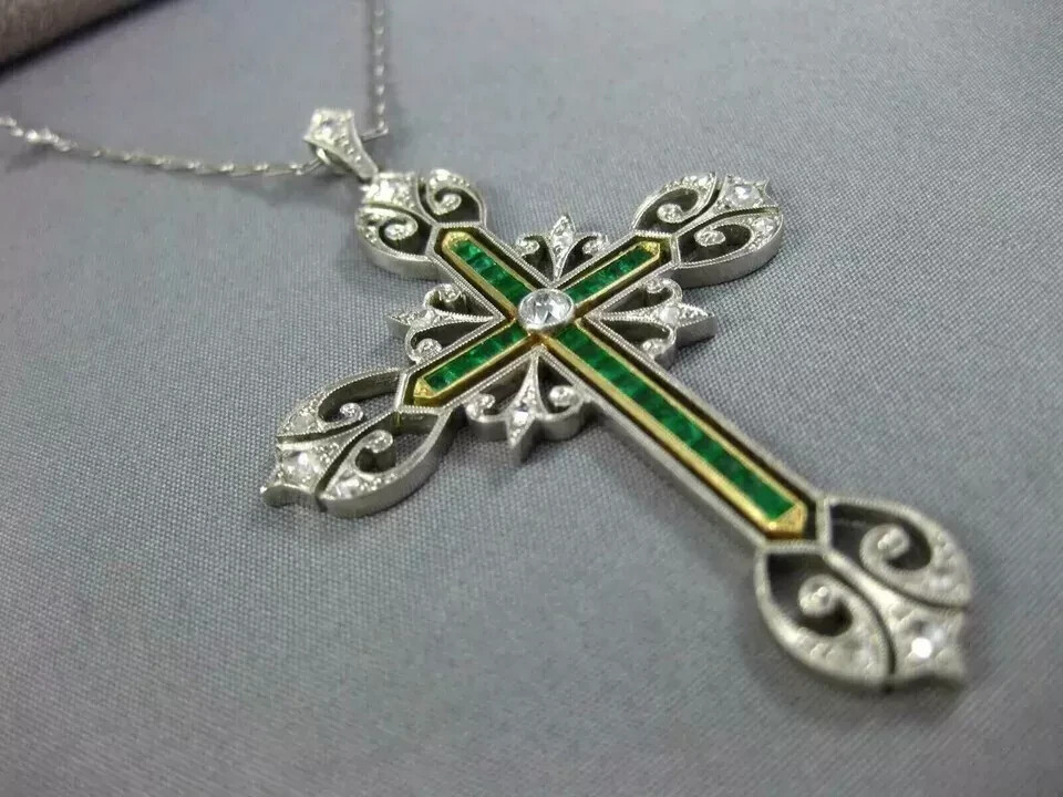3CT Art Deco Vintage Style Cross Pendant Lab Created Diamond 14k White Gold FN