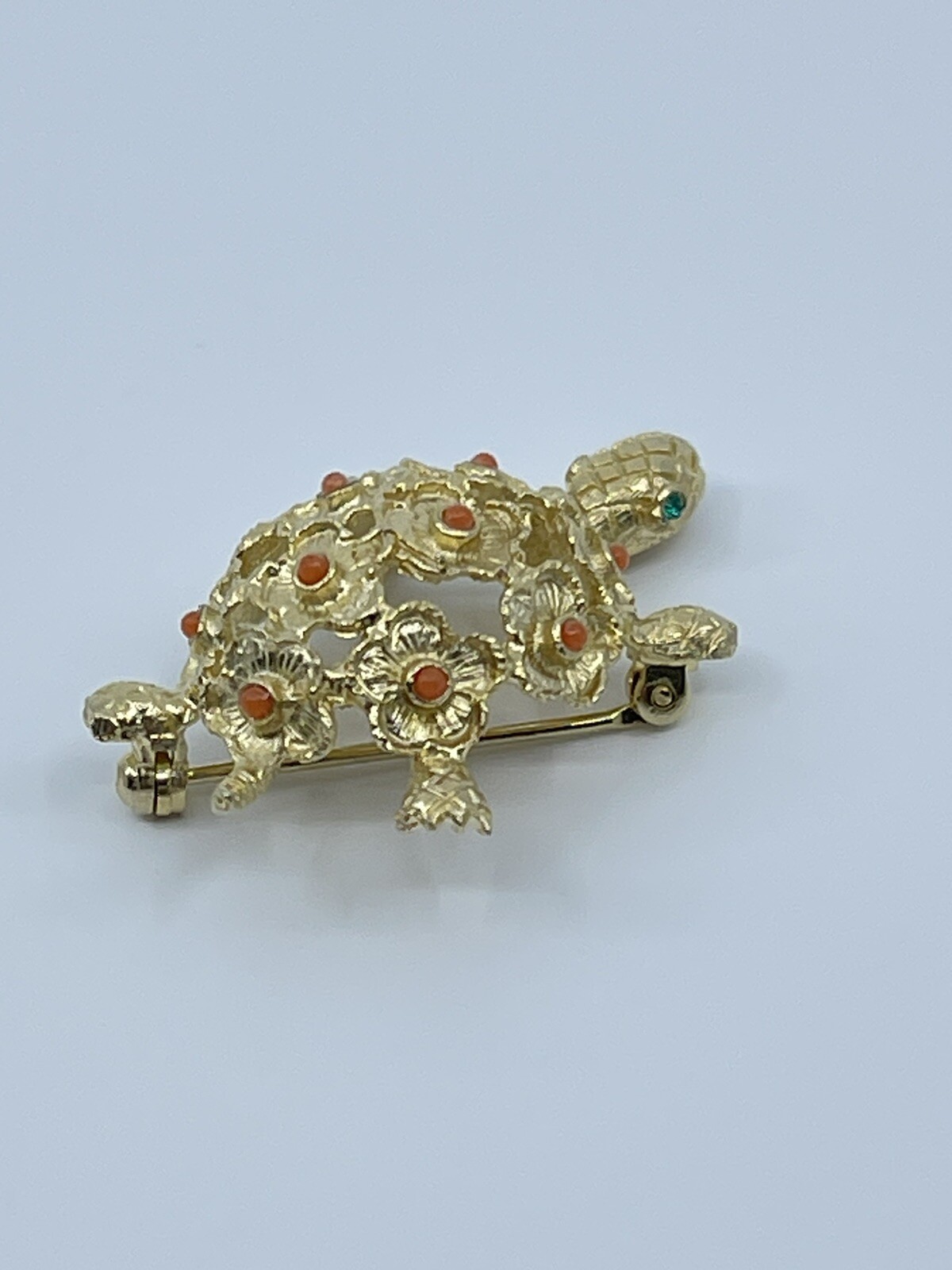 Vintage Brooch Pin De Nicola turtle faux coral and green rhinestone 1-3/4″