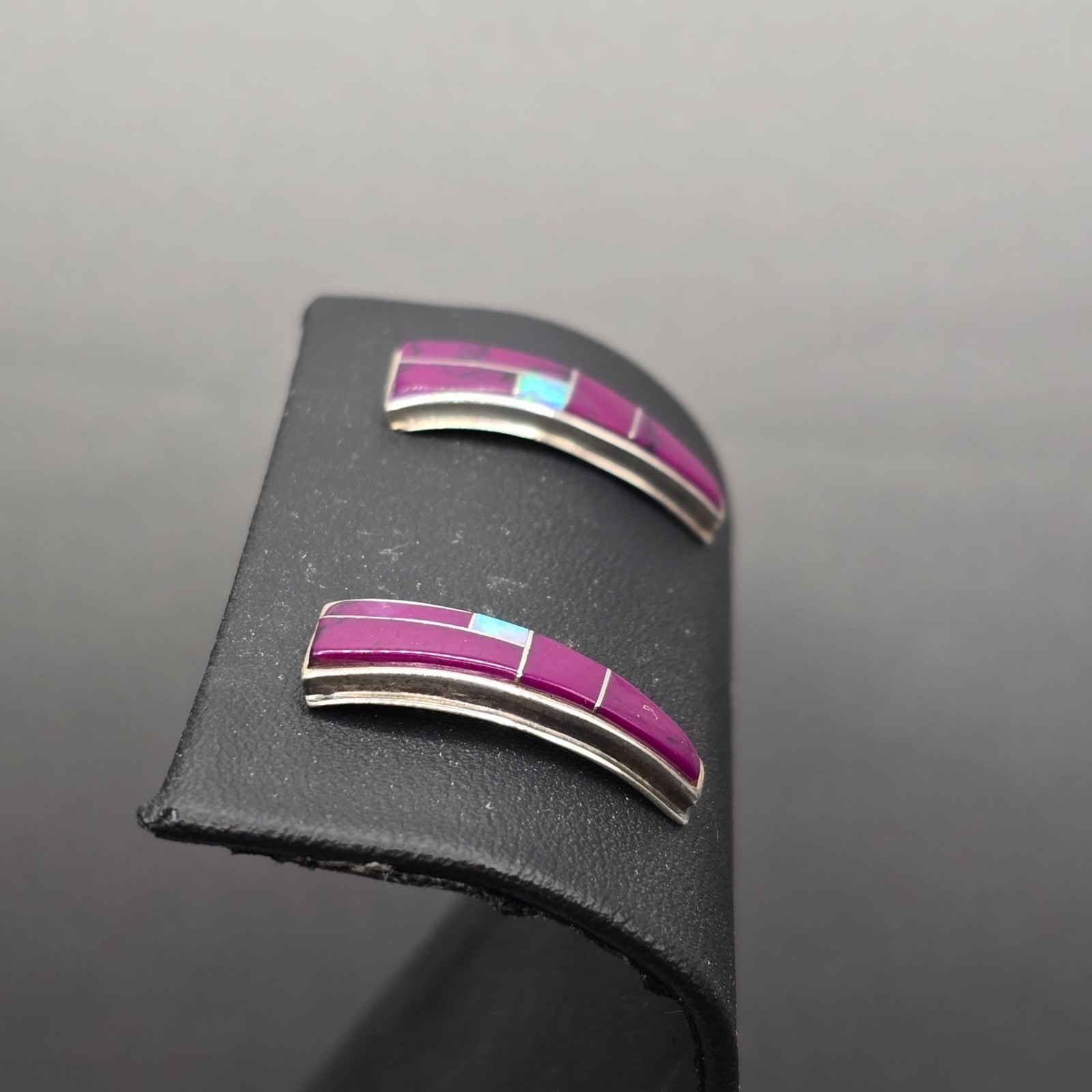 Vintage Sterling Silver Sugilite Opal Inlay Stud Earrings Tapered Statement
