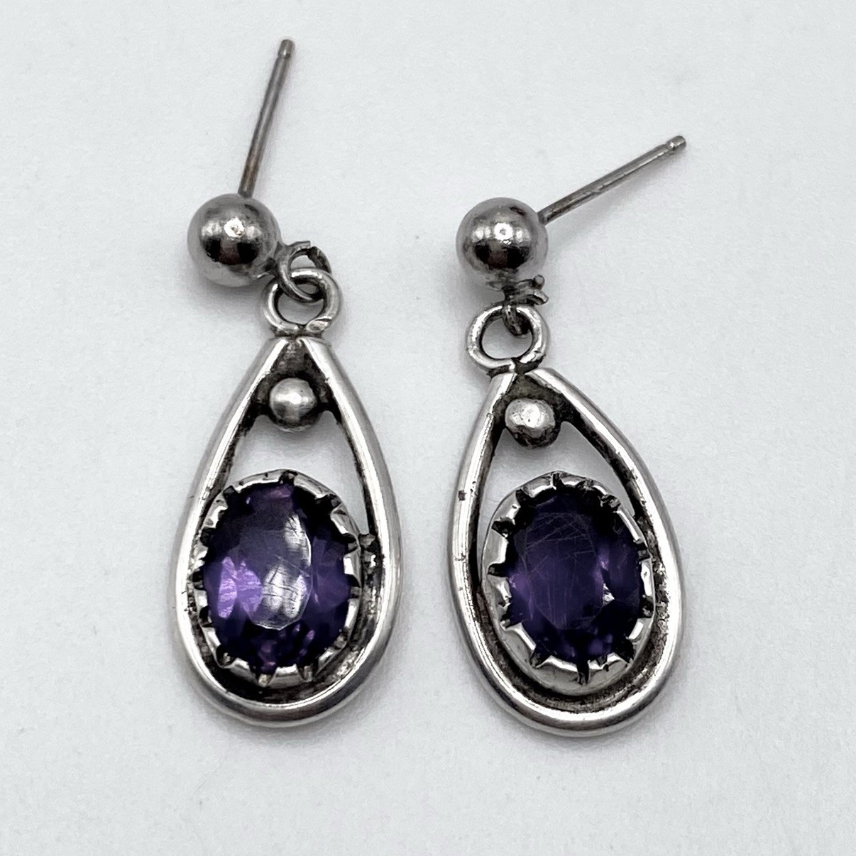 Vintage Amethyst Dangle Earrings Silver Teardrop Purple Gemstone