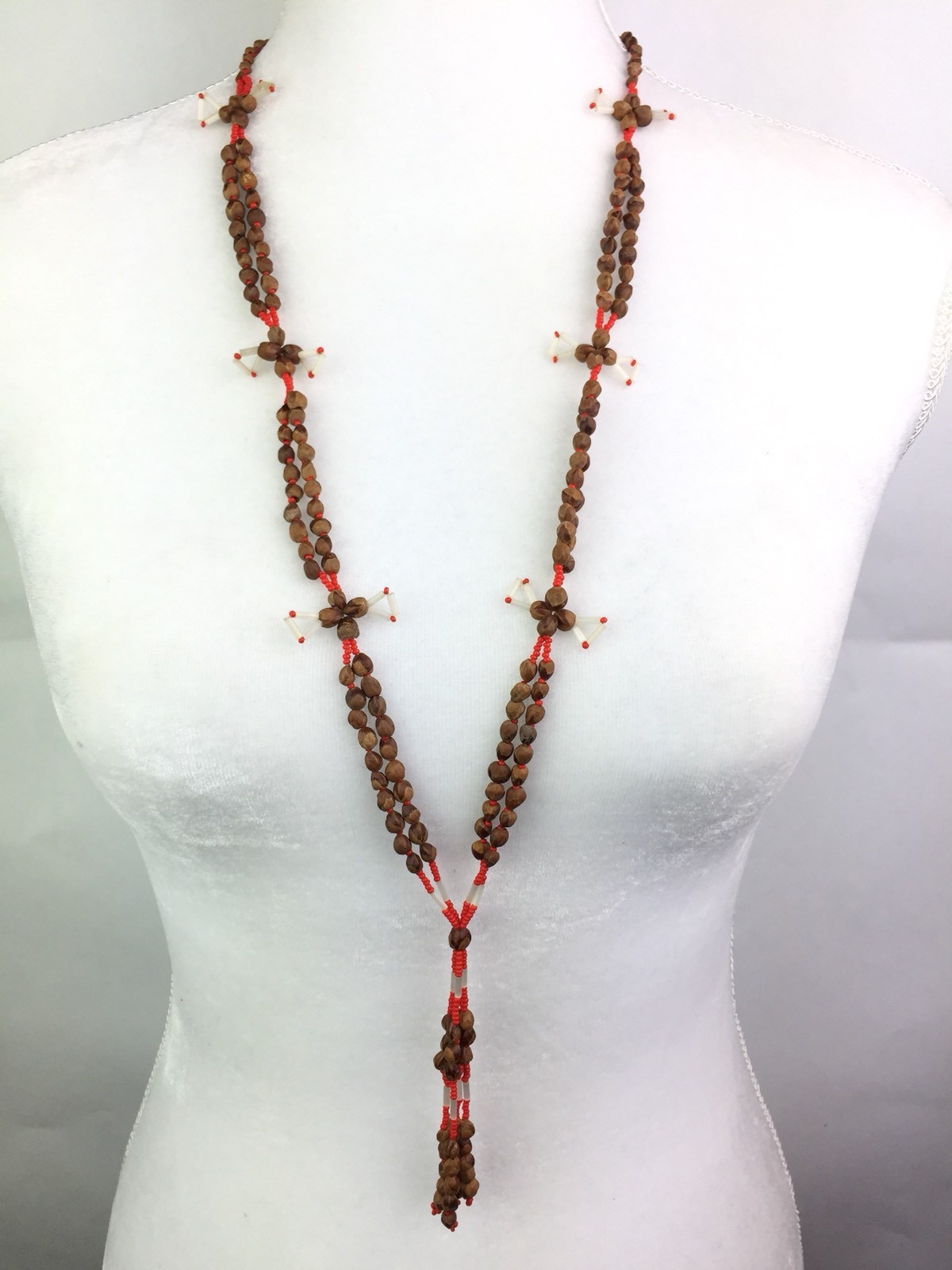 Vintage Seed Bead Y Drop Necklace Tassel Fringe Ethnic Tribal Boho Layering 40″