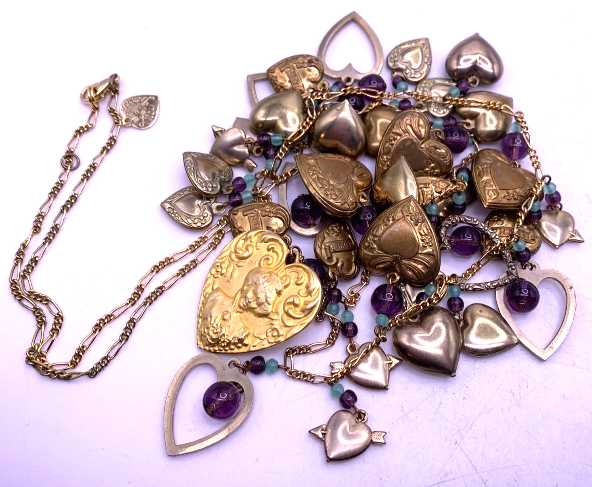 Vintage Lucy Isaacs Charm Necklace puffy hearts Victorian beaded extra long