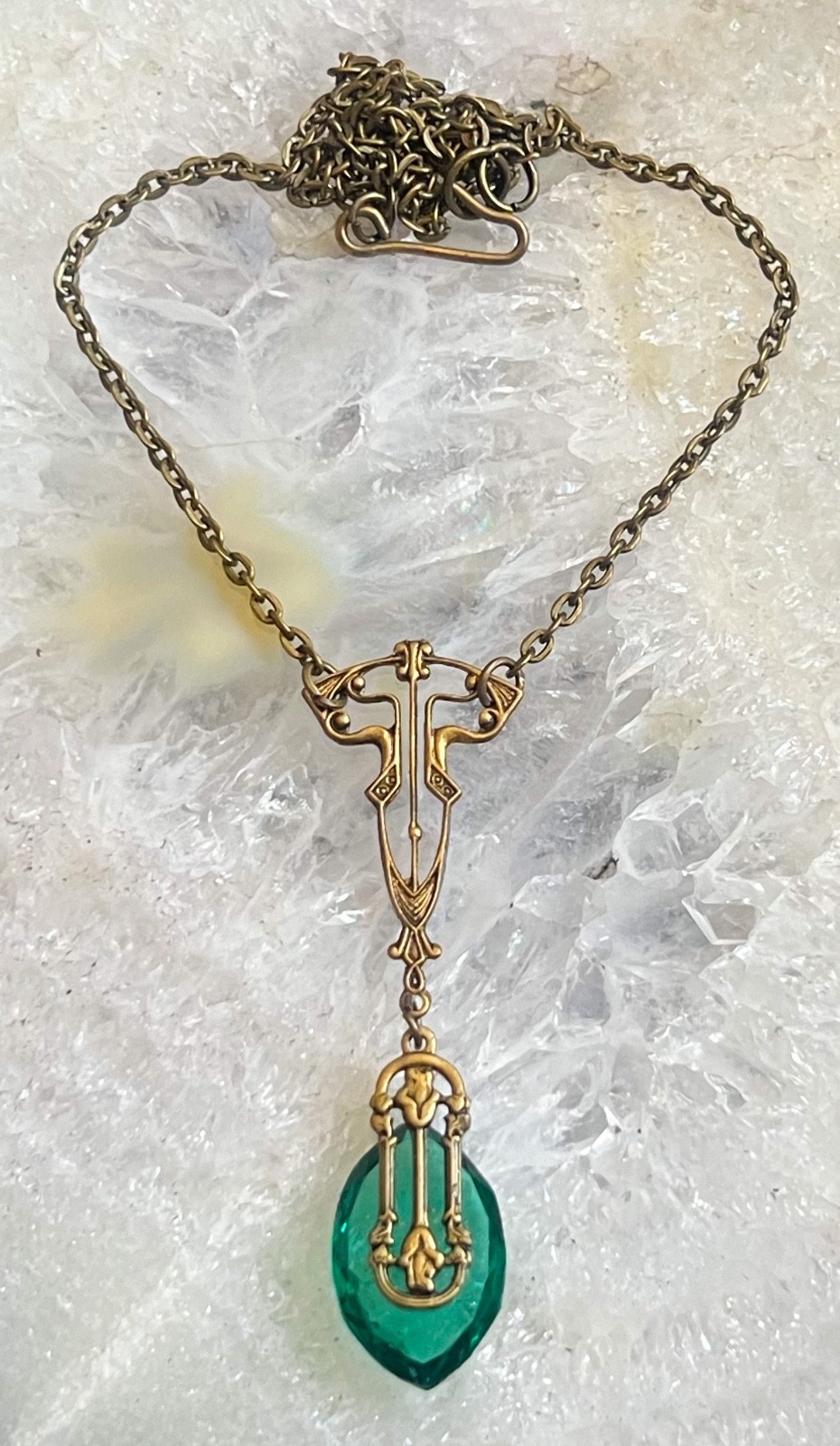 Vintage Necklace Art Nouveau Lavalier Brass Pendant Green Antique Czech Glass