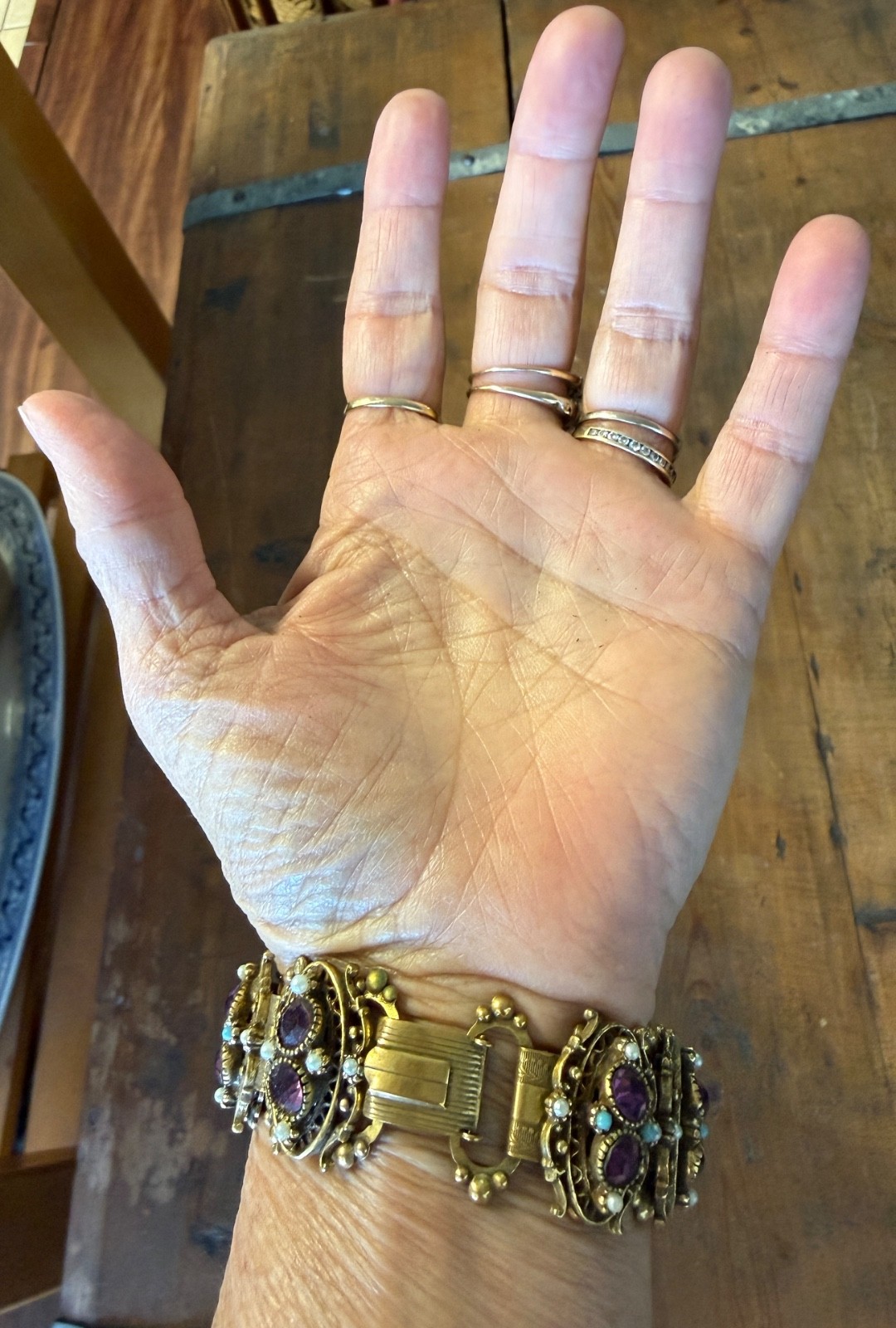 Fab Vintage Victorian Revival Cast Gold Wash Bracelet purple turquoise pearl