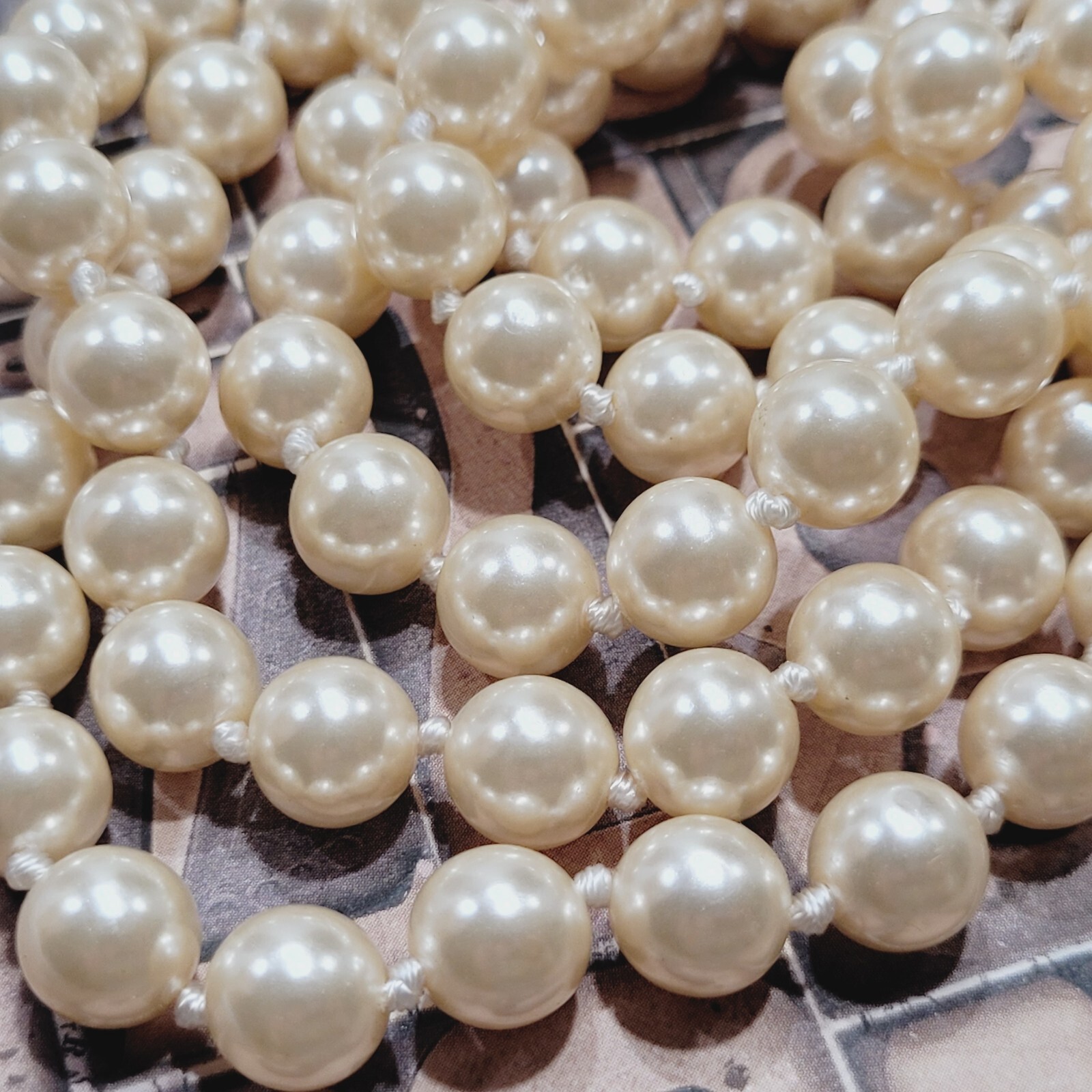 Triple Strand Off White Faux Pearl Knotted Necklace with Gold Tone Clasp 15 Inch