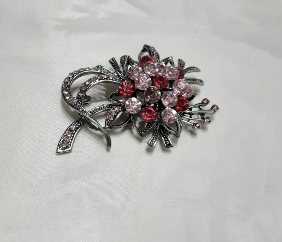 Brooch Pendent Silver Tone Gunmetal Pink Lite Dark Rhinestone Big Flower Bouquet