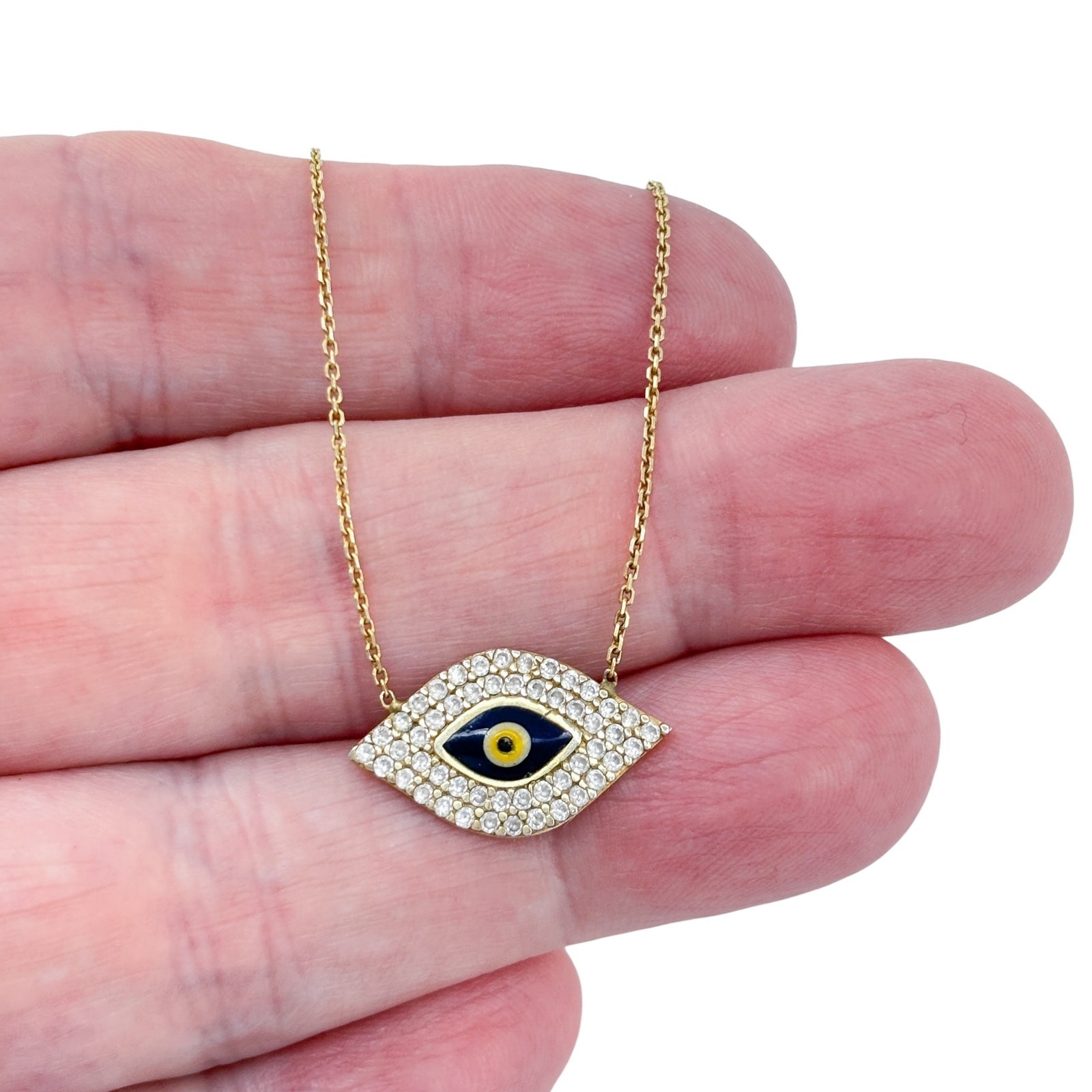 Vintage Gold-Tone Sterling Silver 925 Evil Eye Crystal Necklace 17″-18″