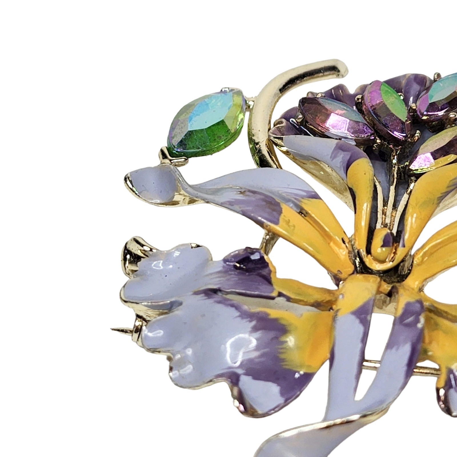 Vintage Signed B.S.K. Orchid Brooch Enamel Glass Crystal Purple Brooch Pin